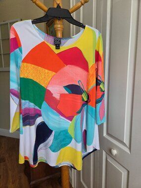 Clara Sun Woo XS Artsy Watercolor Print Tunic Top red, teal, yellow, white